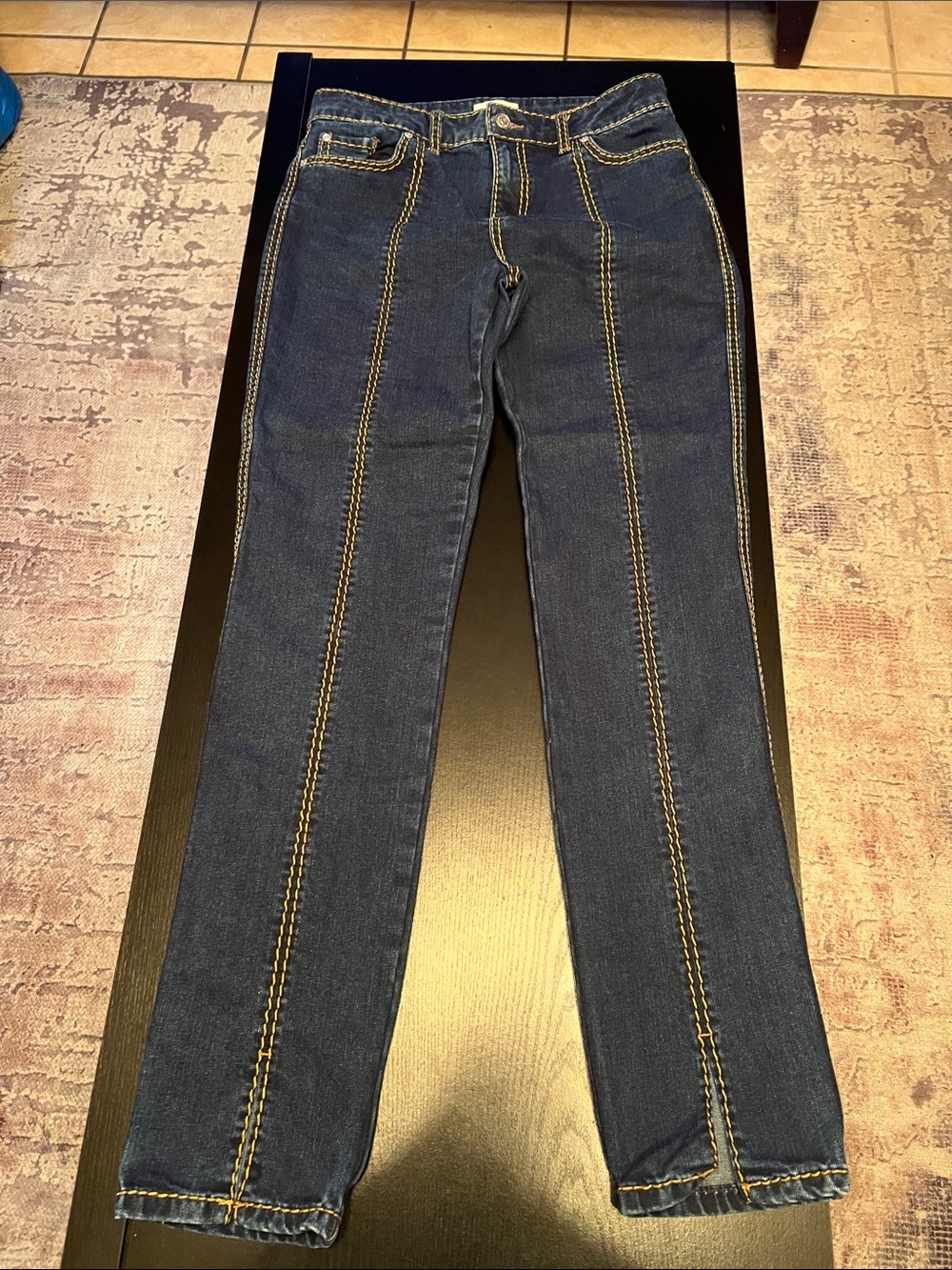 Ganni Dark Blue Skinny Jeans with Contrast Gold Stitching